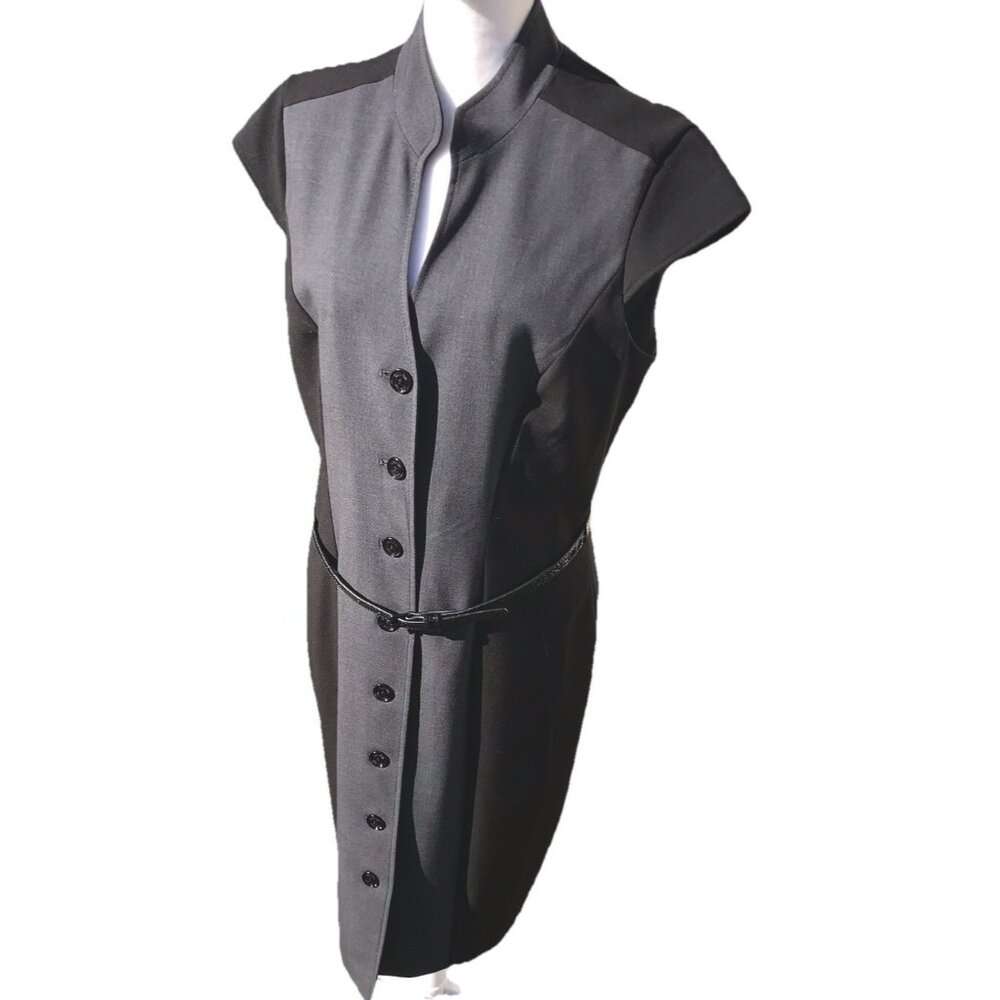 Calvin Klein Button Front Sheath Dress Grey Black Belt Cap Sleeve 10 Work Office